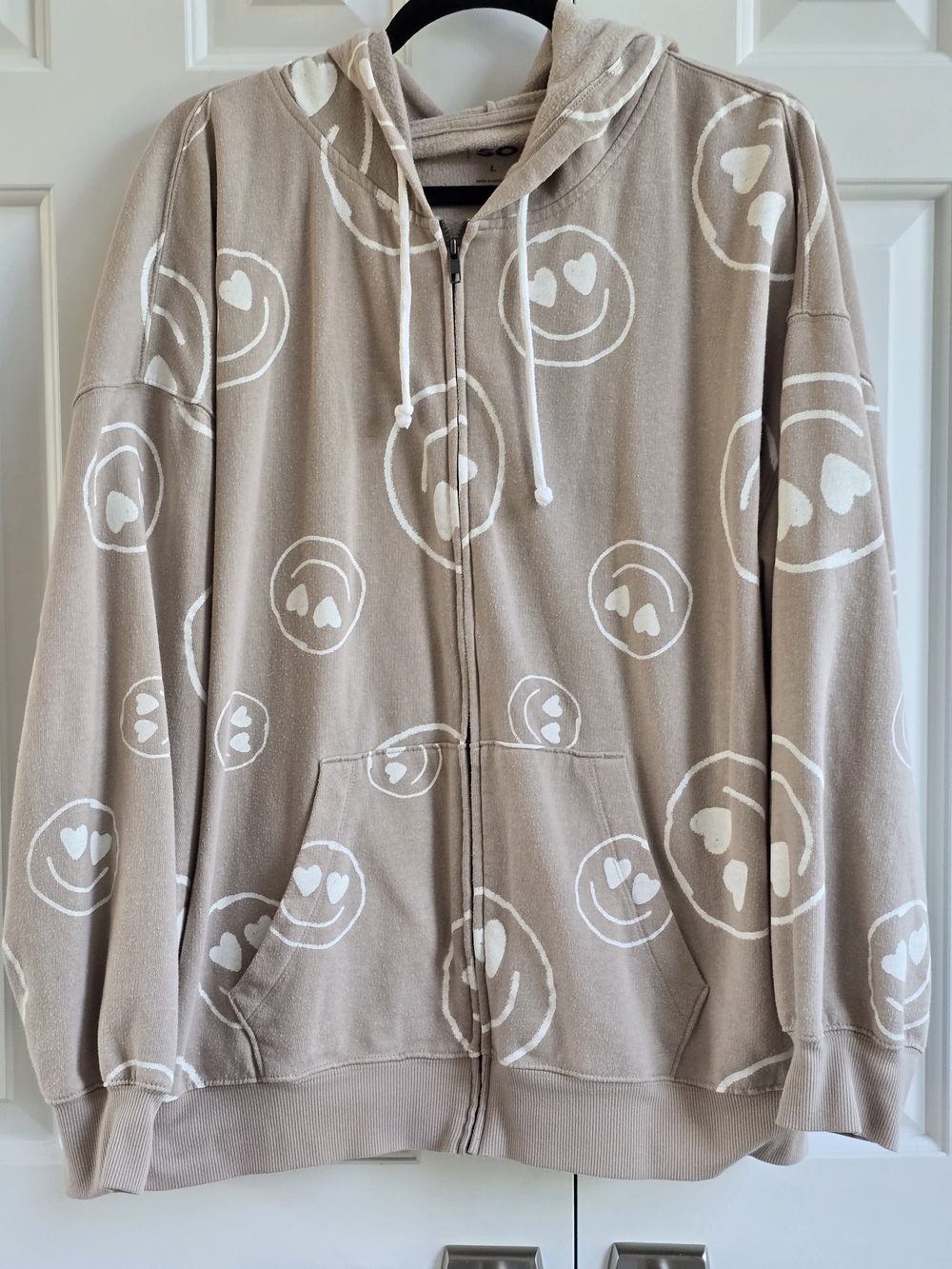SO Oversized Beige With White Smiley Faces Full Zip Up Hoodie